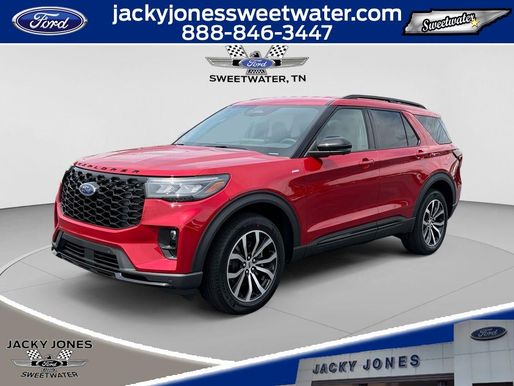 2026 Ford Explorer ST-Line in Rapid Red Metallic Tinted Clearcoat — front three-quarter view