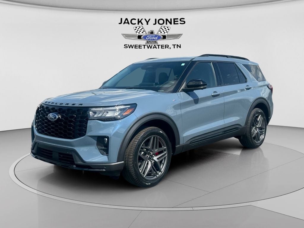 2026 Ford Explorer ST-Line Upcoming Demo in Vapor Blue Metallic — front three-quarter view